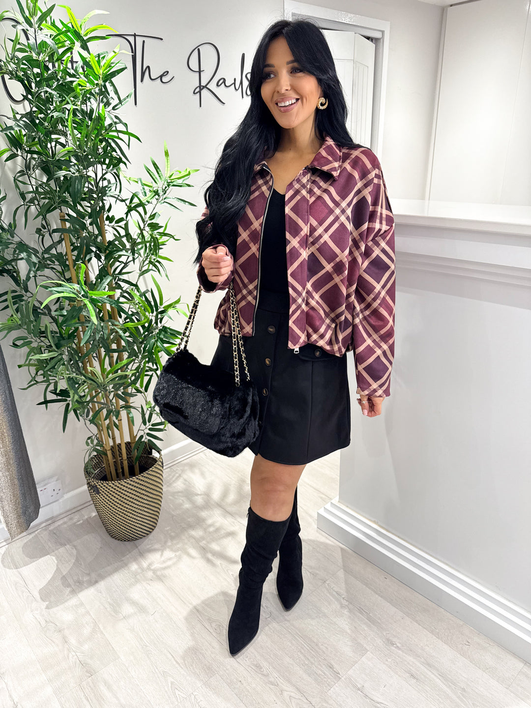 Gabby Checked Suede Jacket - Wine