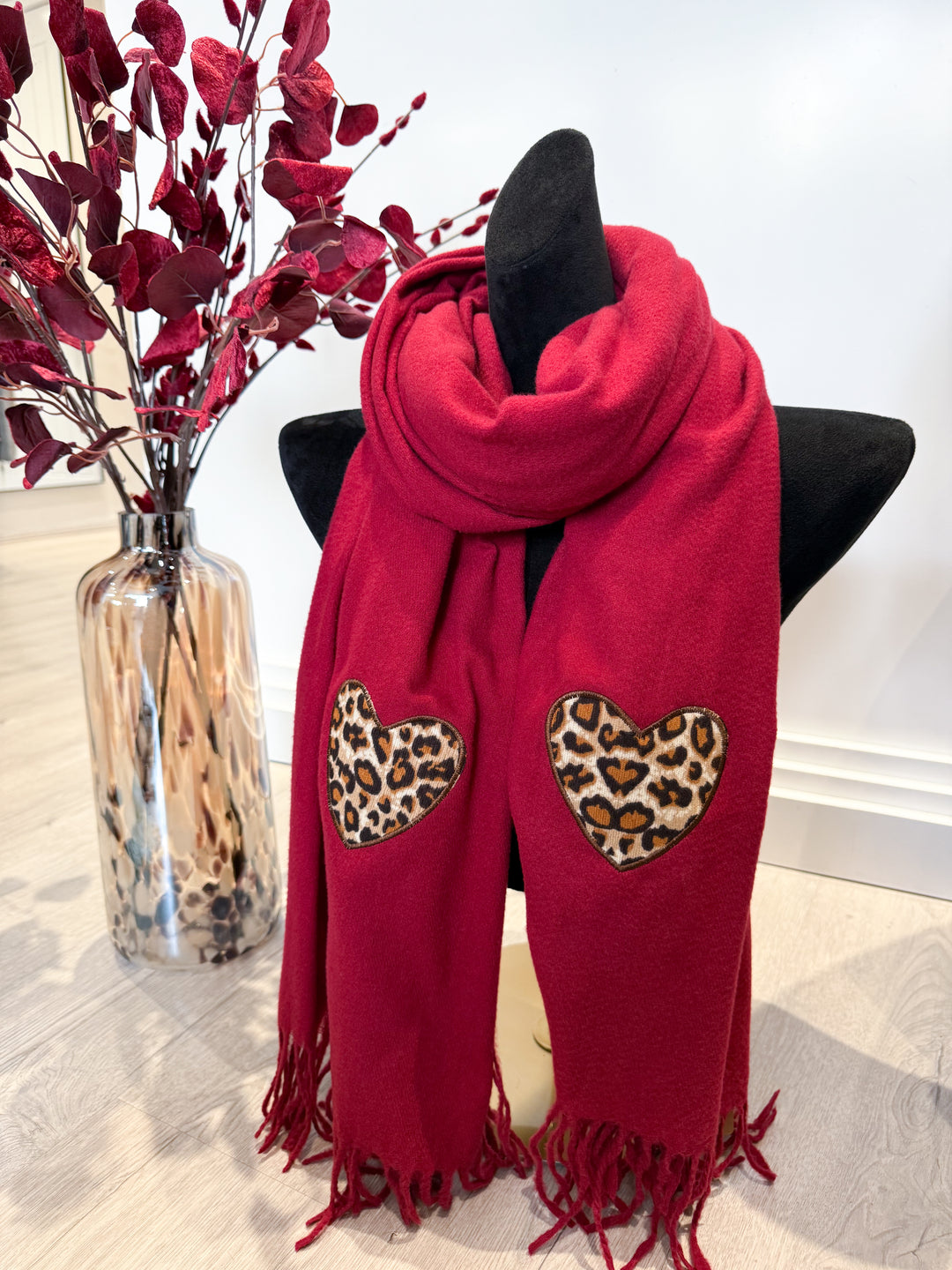 Leopard Heart Patch Scarf - Burgundy