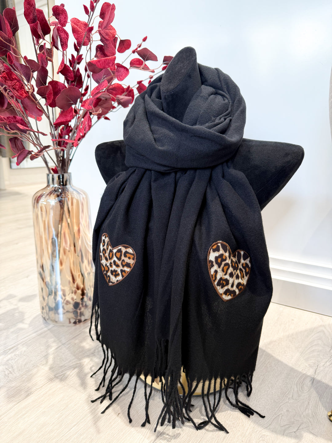 Leopard Heart Patch Scarf - Black