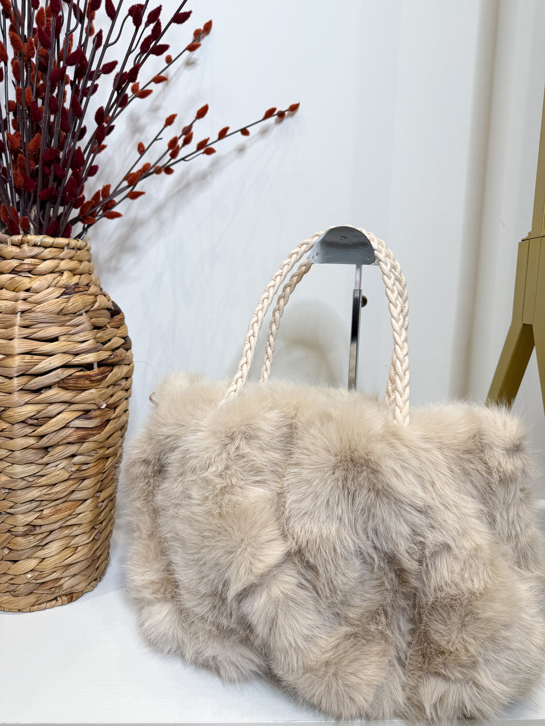 Faux Fur Plait Bag - Beige