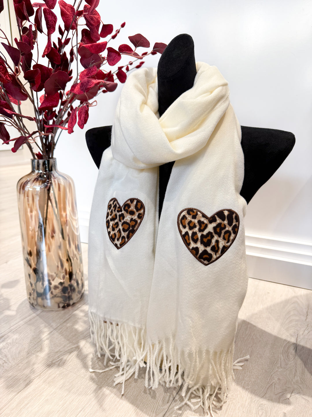 Leopard Heart Patch Scarf - Cream