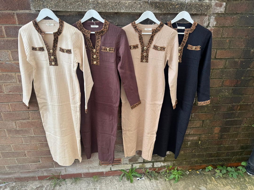 Leopard Trim Dress - Chocolate