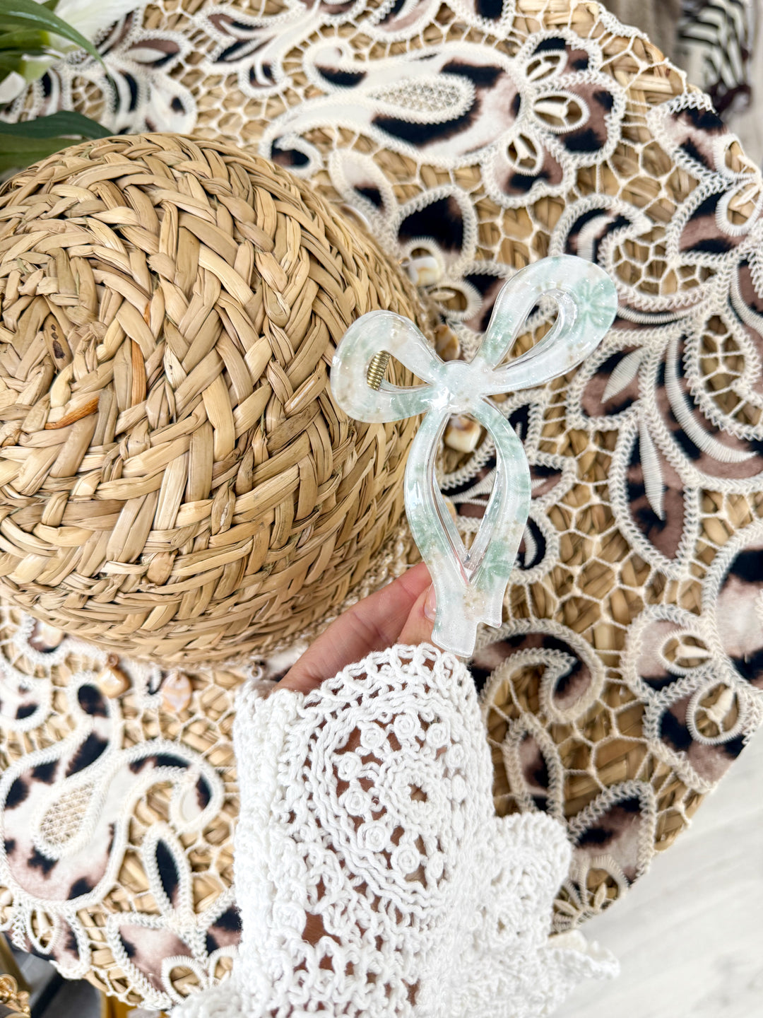 Floral Bow Hair Clip - Green