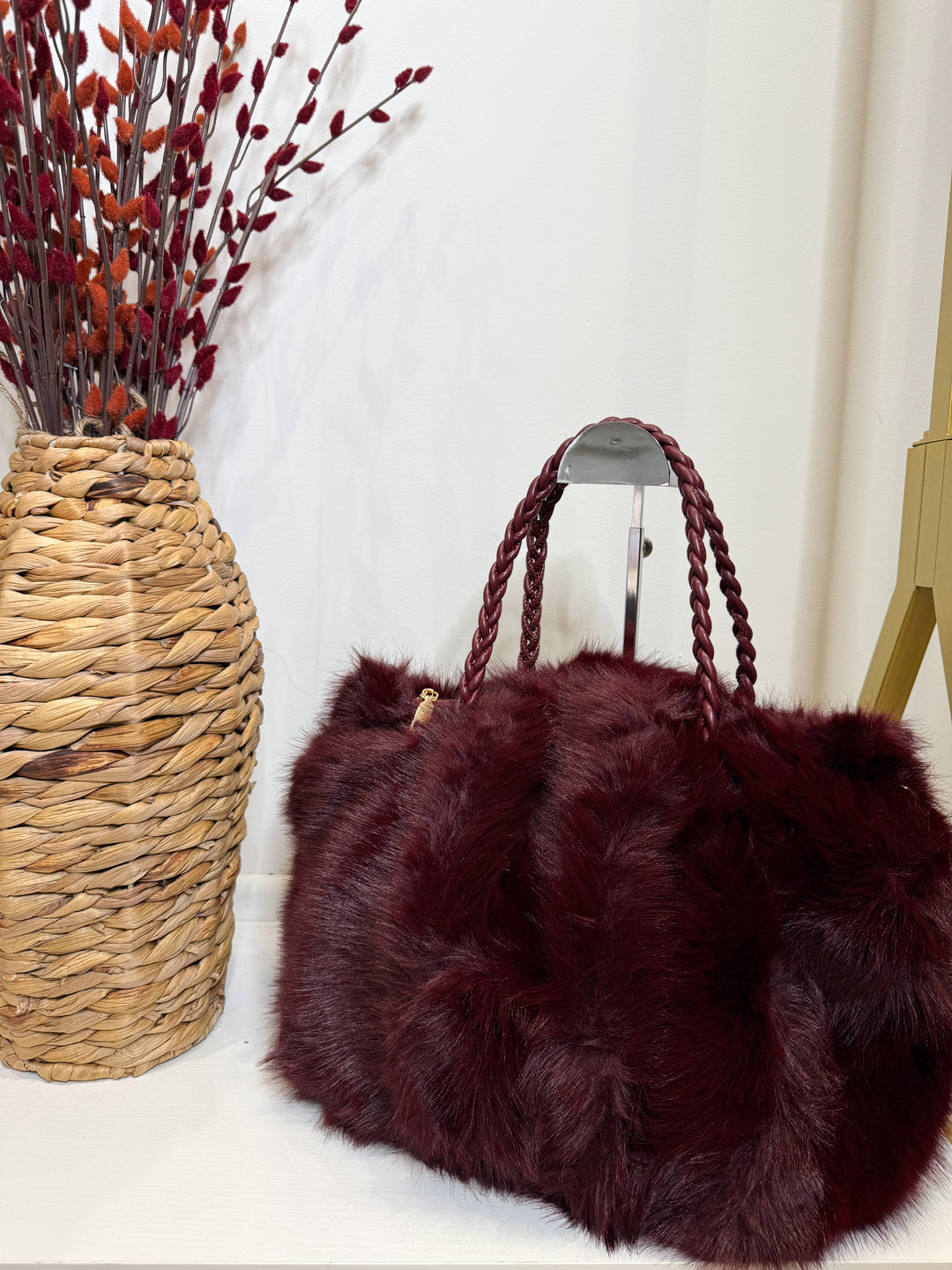 Faux Fur Plait Bag - Wine