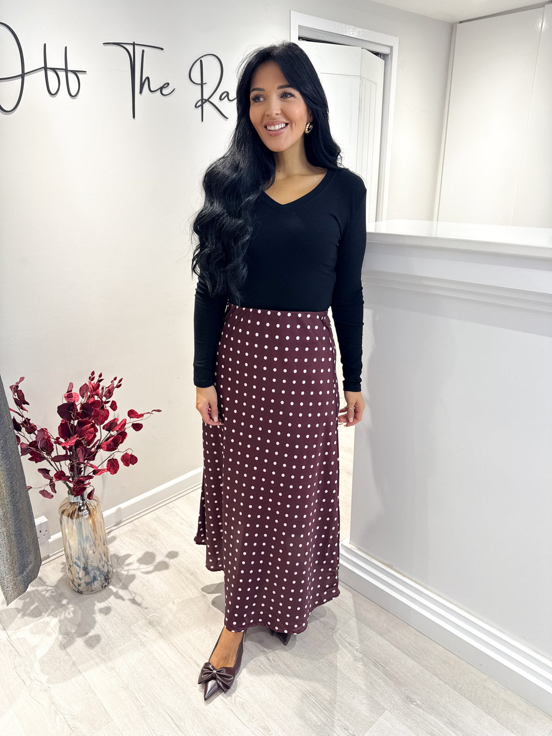 Polka Dot Satin Skirt - Wine