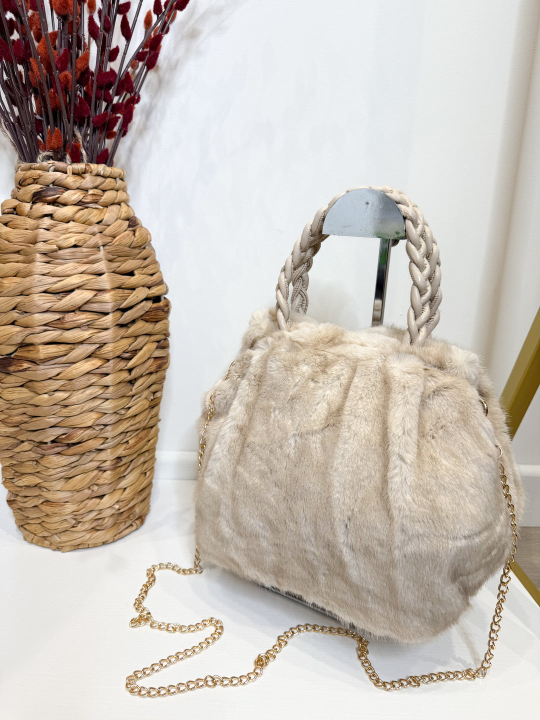 Small Plait Faux Fur Bag - Beige
