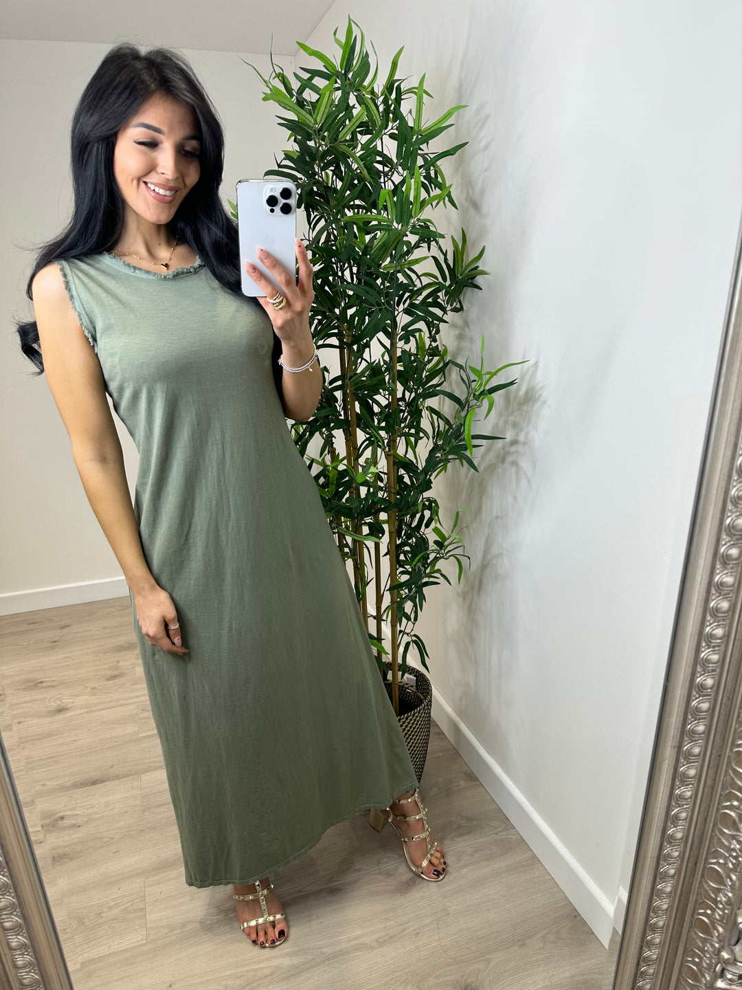 Toni Side Split Dress - Khaki Green
