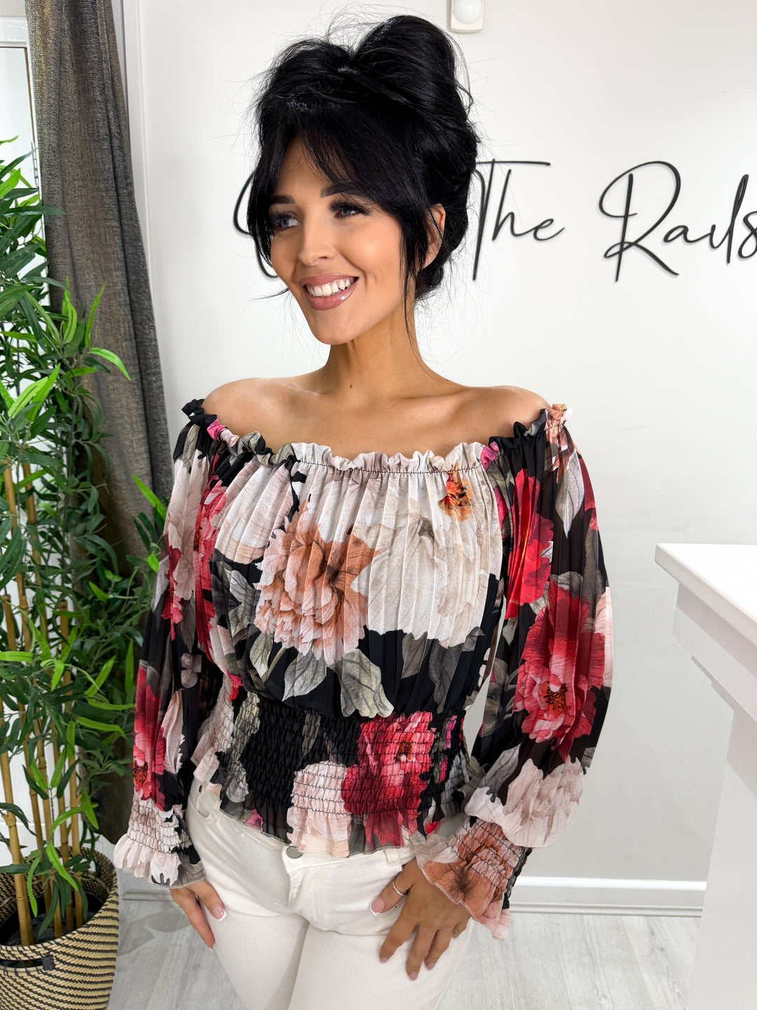 Floral Bardot Top - Black/Red