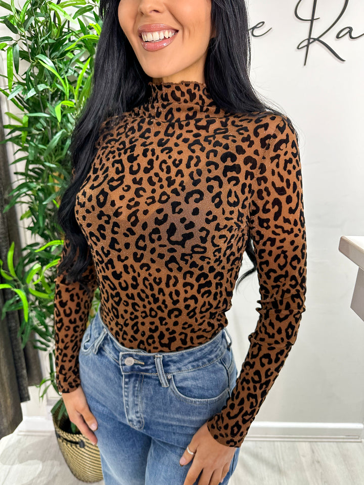 Leopard Mesh Top - Camel