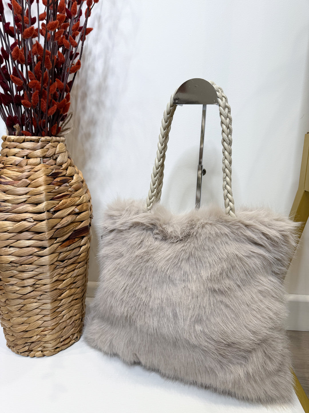 Faux Fur Plait Bag - Beige