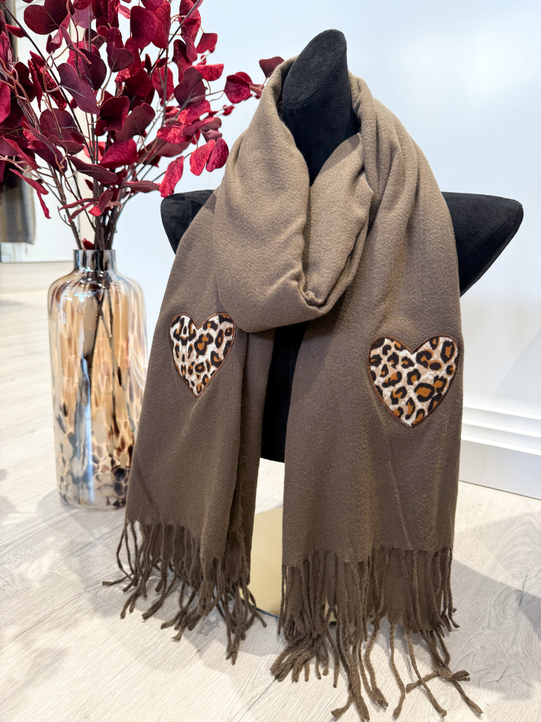 Leopard Heart Patch Scarf - Chocolate