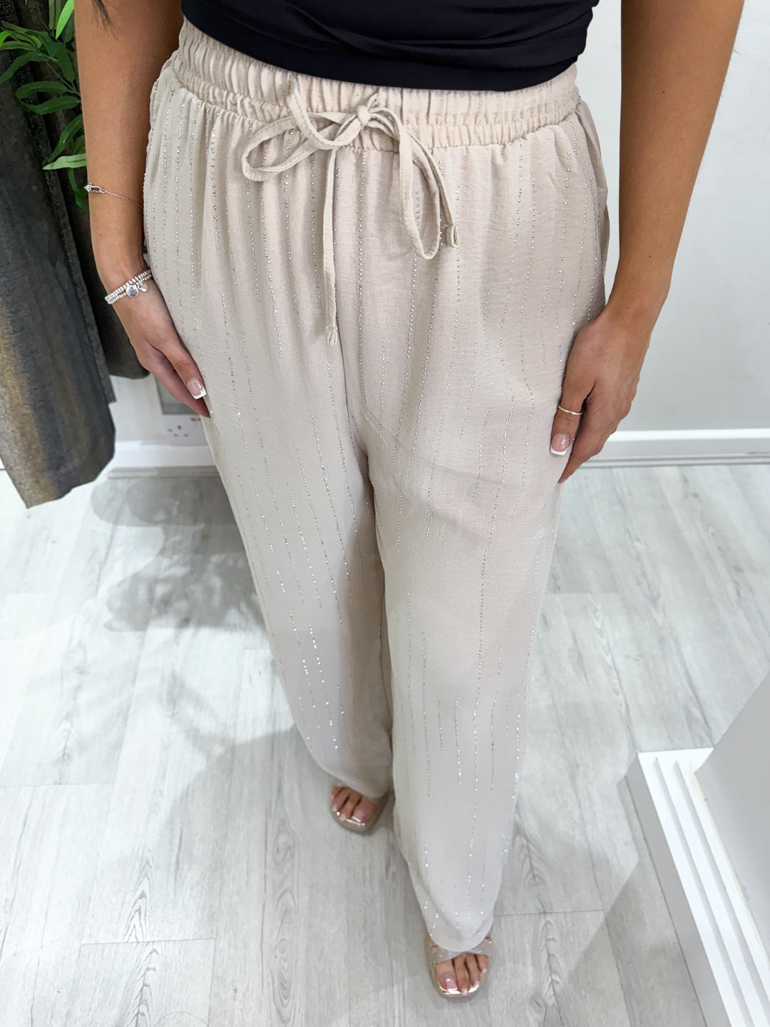 Diamanté Wide Leg Trousers - Beige