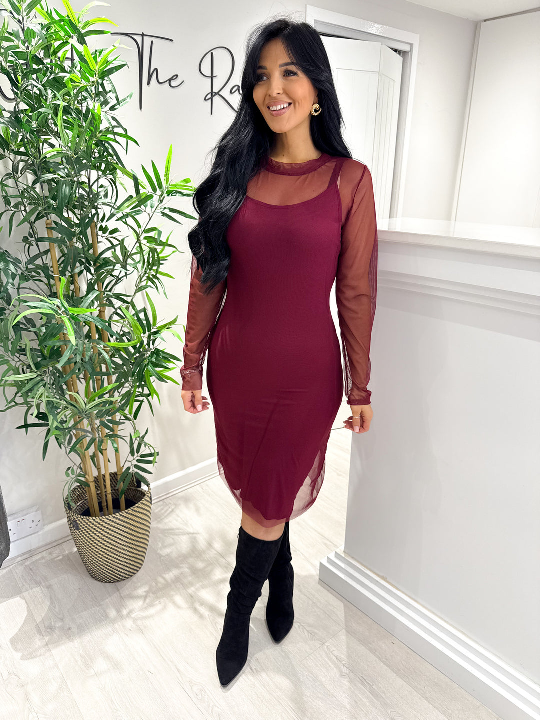 Plain Mesh Dress - Wine