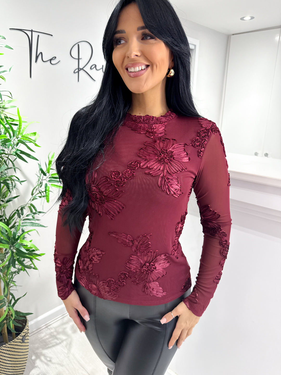 Flower Embroidery Top - Wine