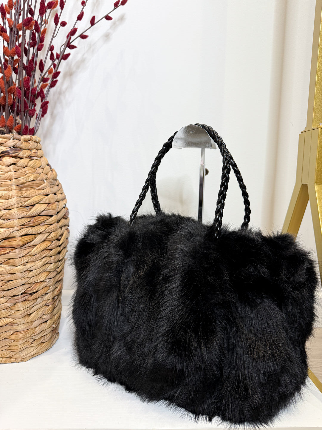 Faux Fur Plait Bag - Black