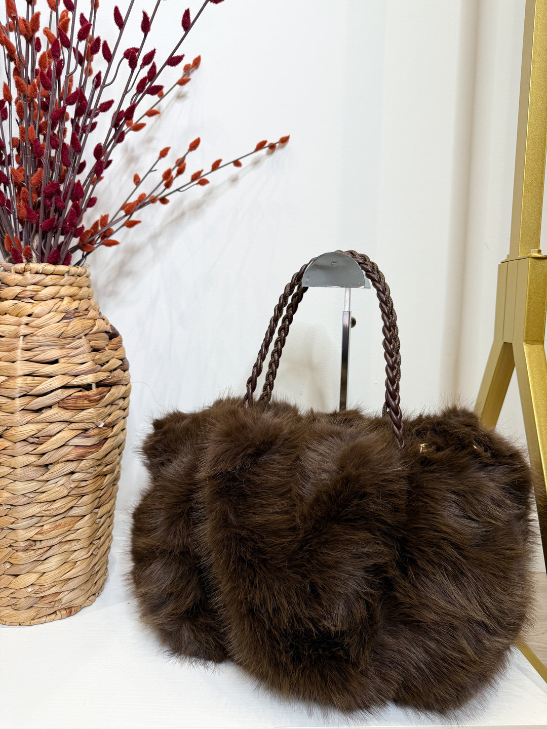 Faux Fur Plait Bag - Chocolate