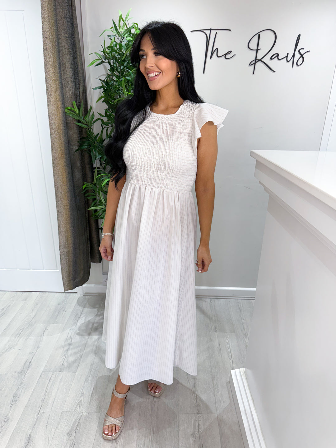 Bernie Dress - White/Beige Stripes