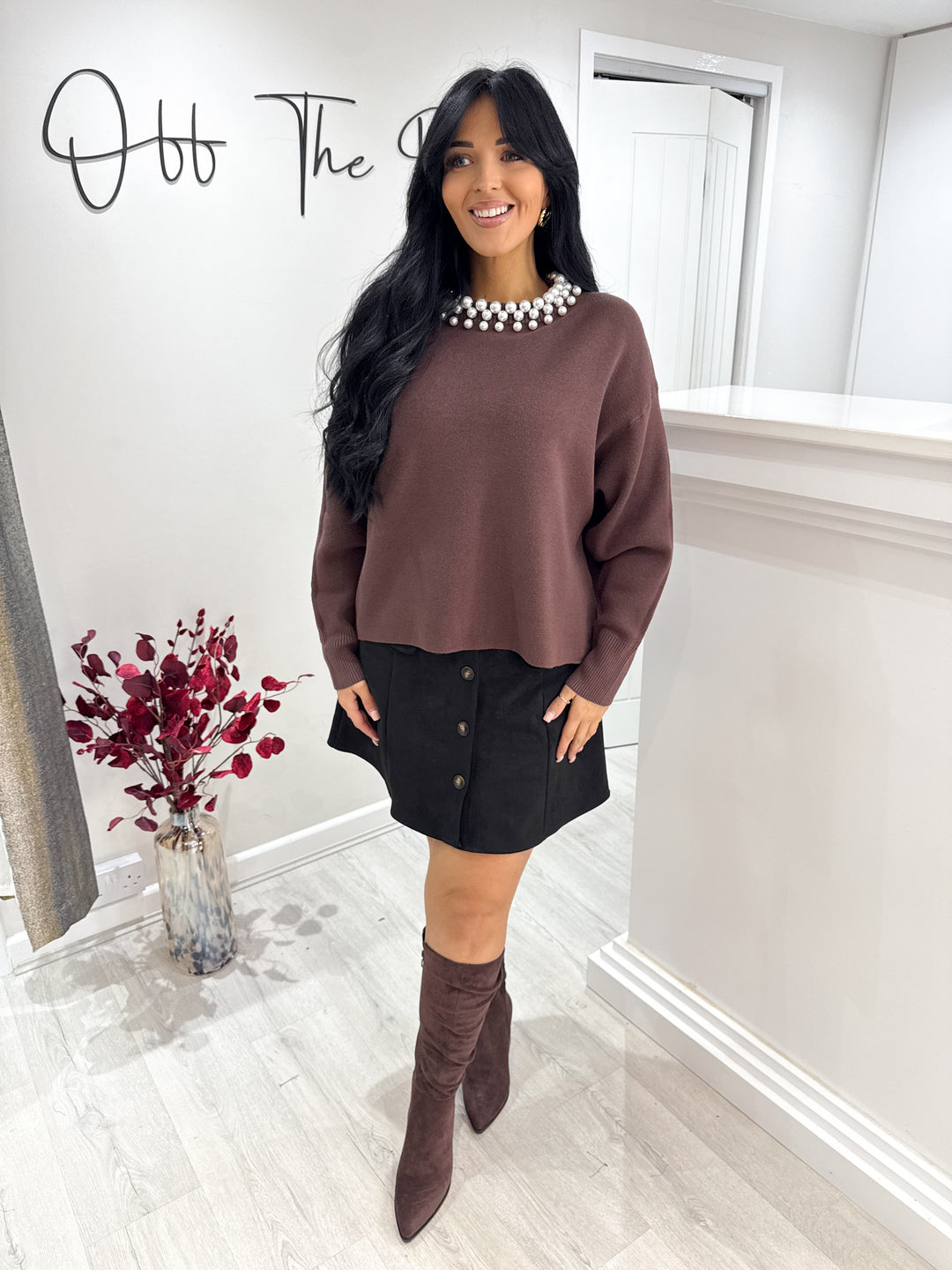 Lydia Pearl Neck Jumper - Chocolate