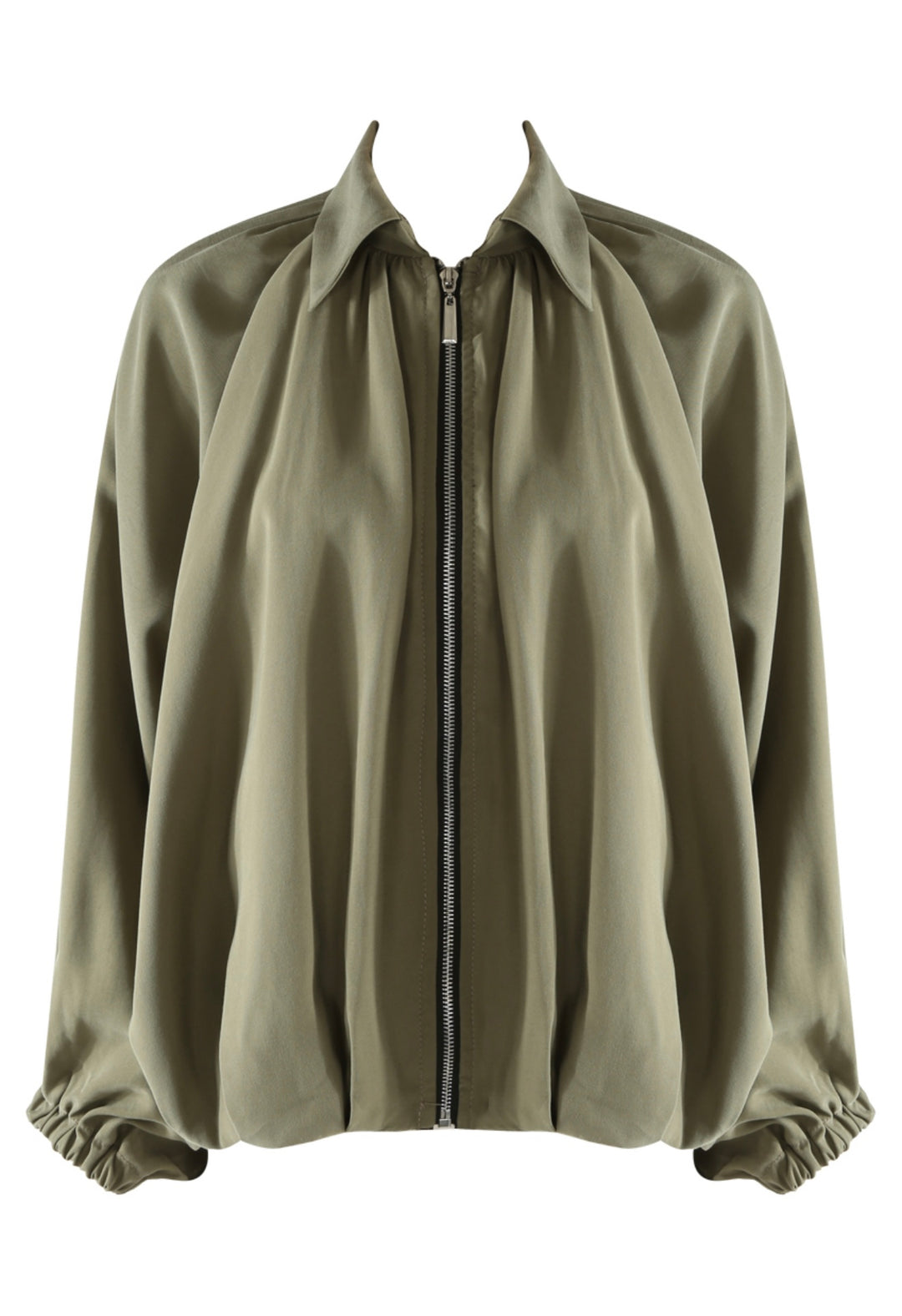 Lightweight Balloon Sleeve Bomber Jacket - Khaki Green