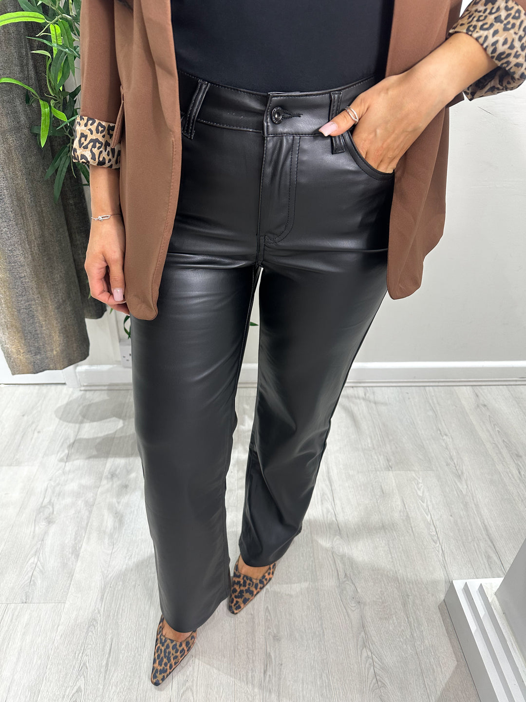 PU Coated Wide Leg Trousers
