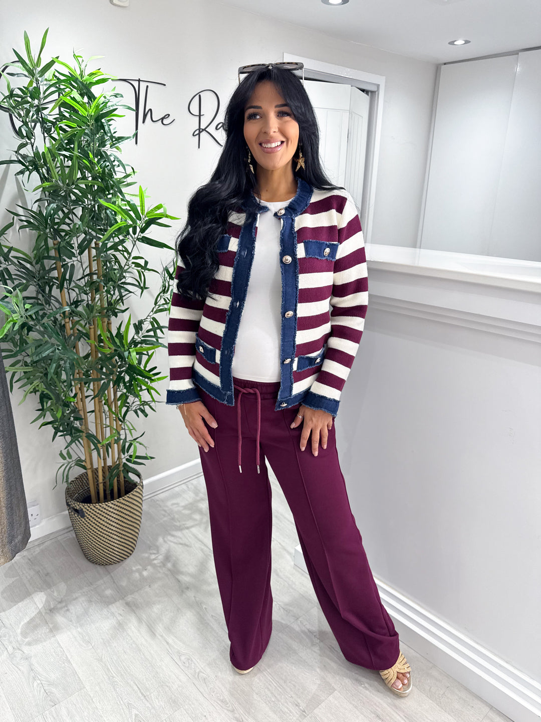 Soft Knit Stripe Cardigan - Wine