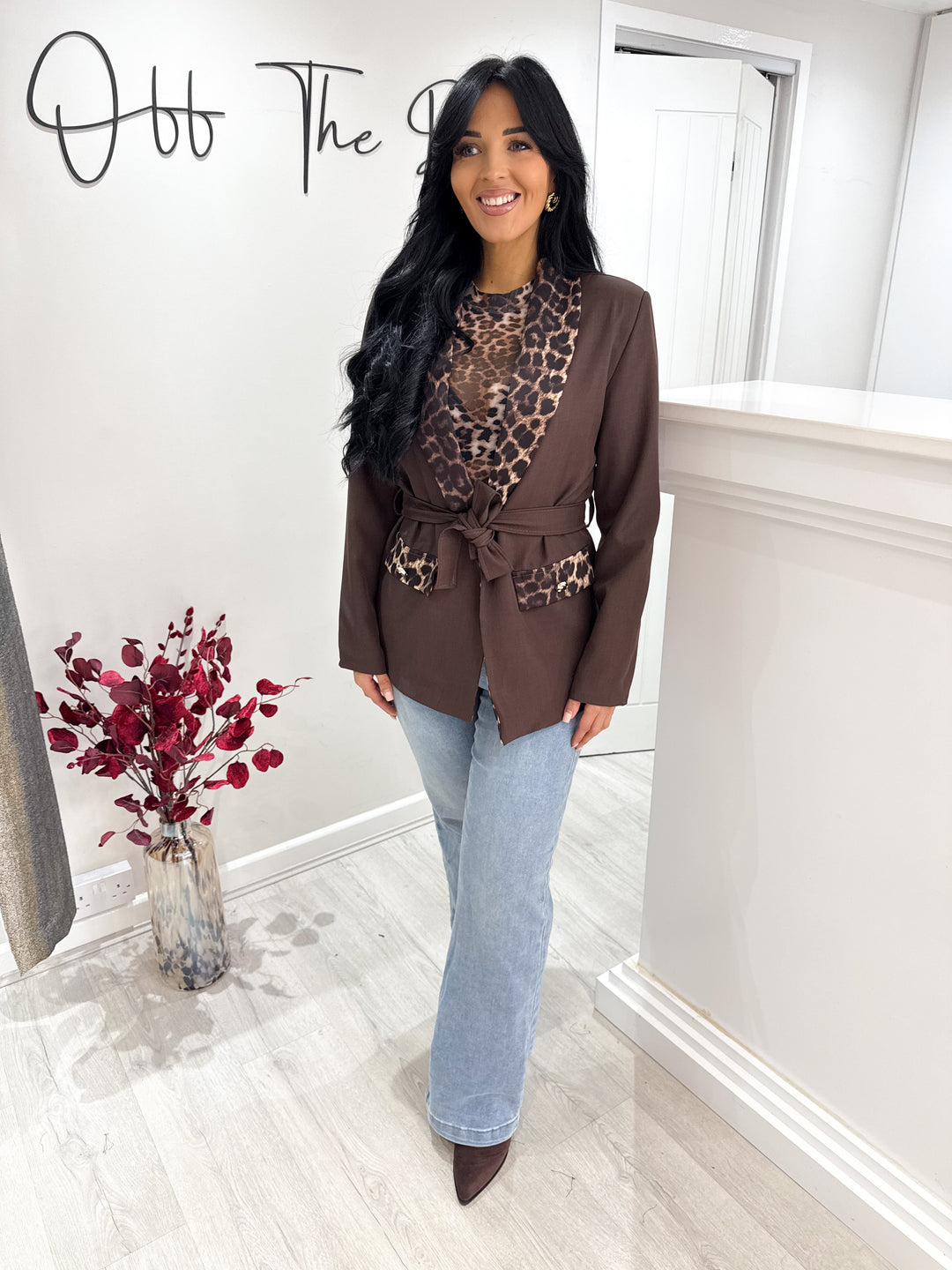 Leopard Trim Blazer - Chocolate