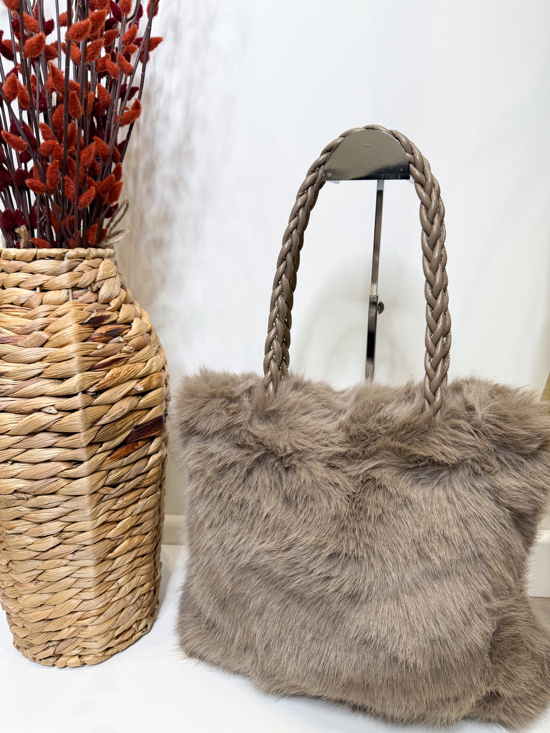 Faux Fur Plait Bag - Mocha