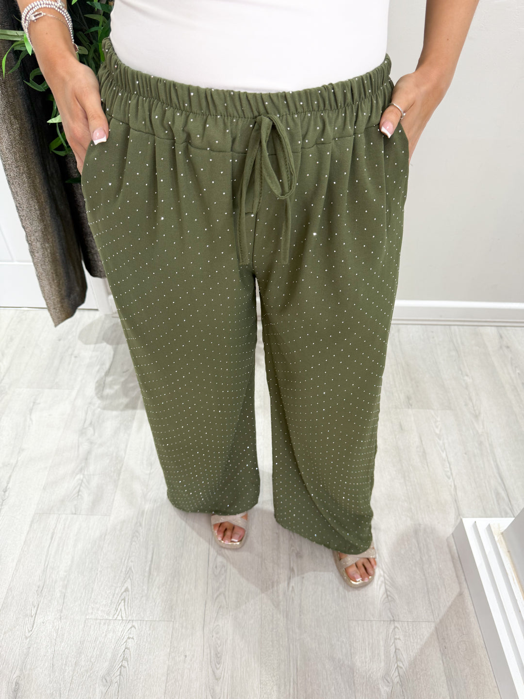 Diamanté Trousers - Khaki Green