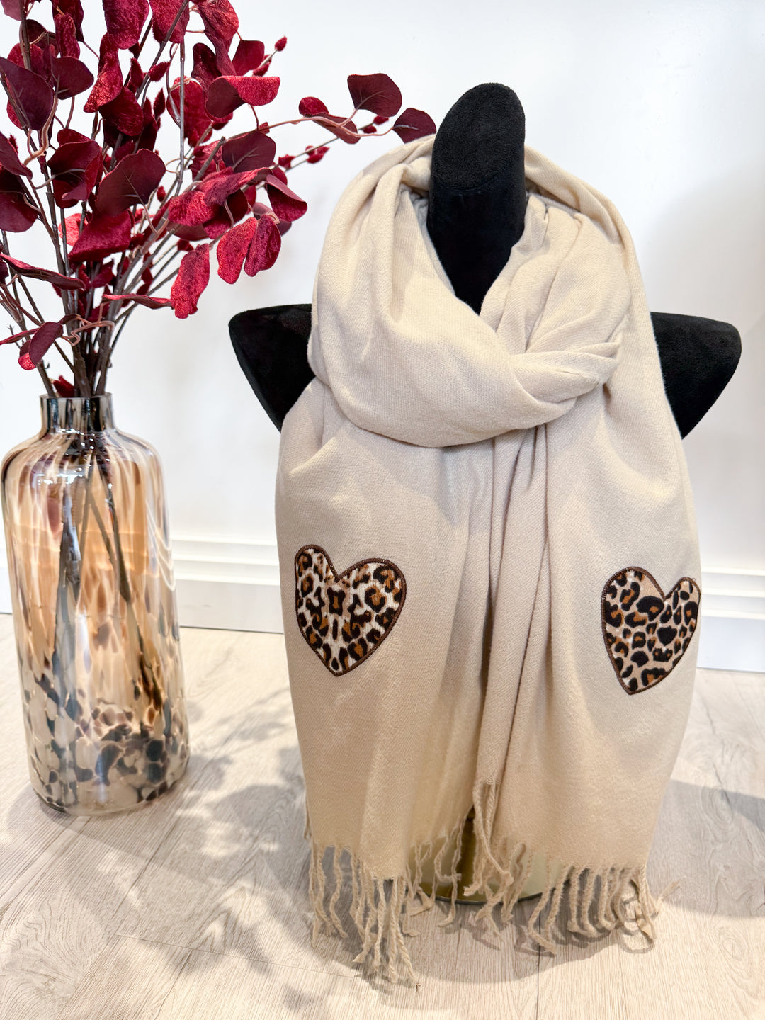 Leopard Heart Patch Scarf - Beige
