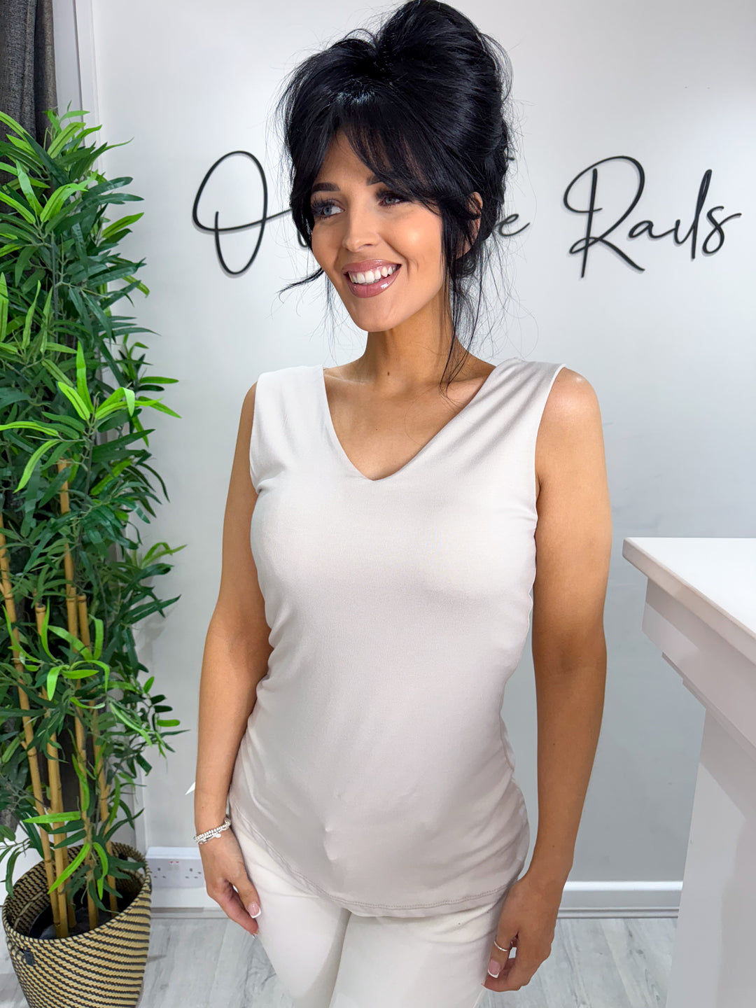V Neck Double Layered Vest - Beige