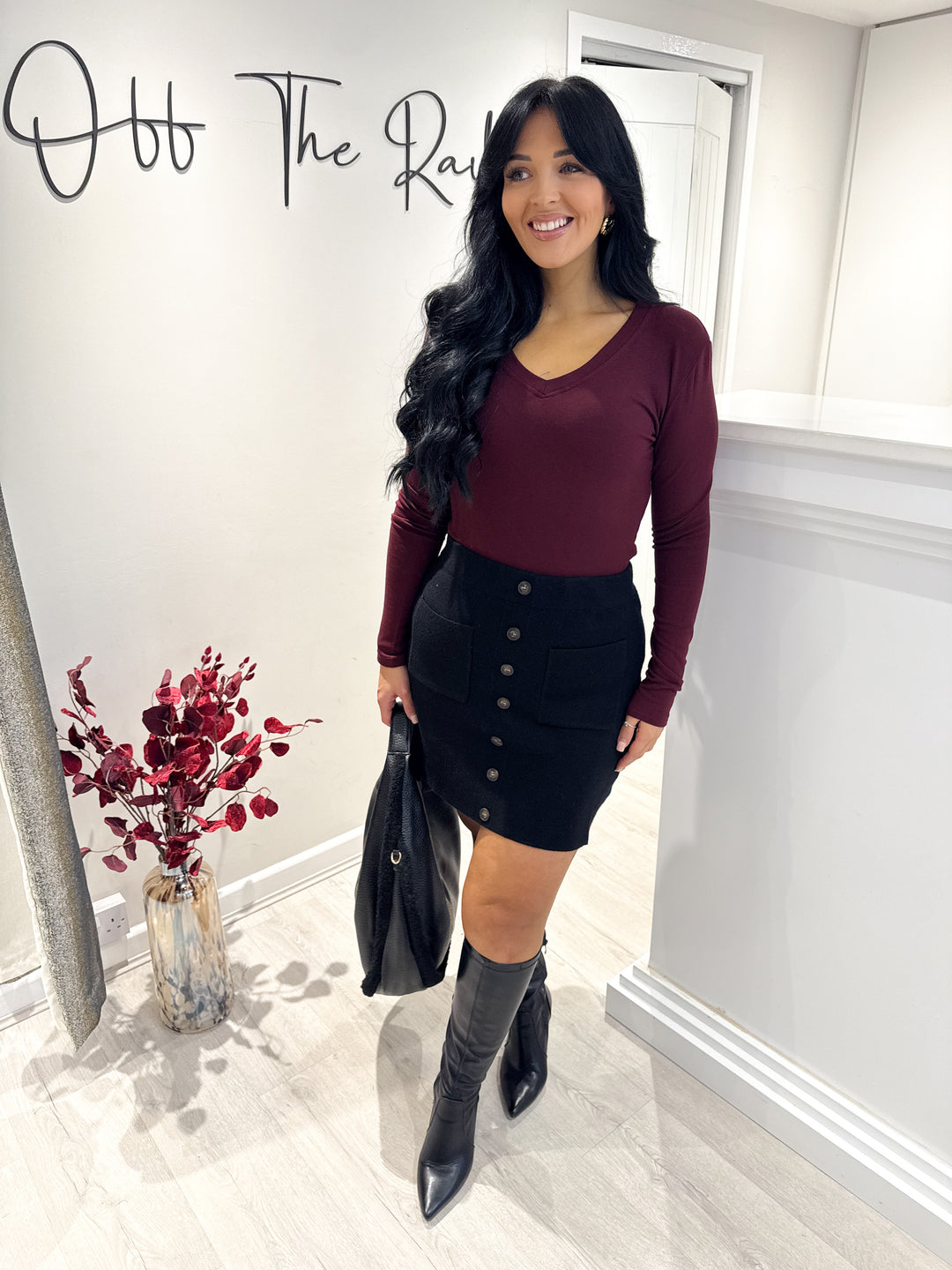 Basic Long Sleeve V Neck Top - Wine