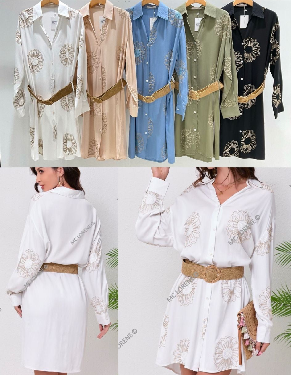 Belted Embroidery Dress - Blue