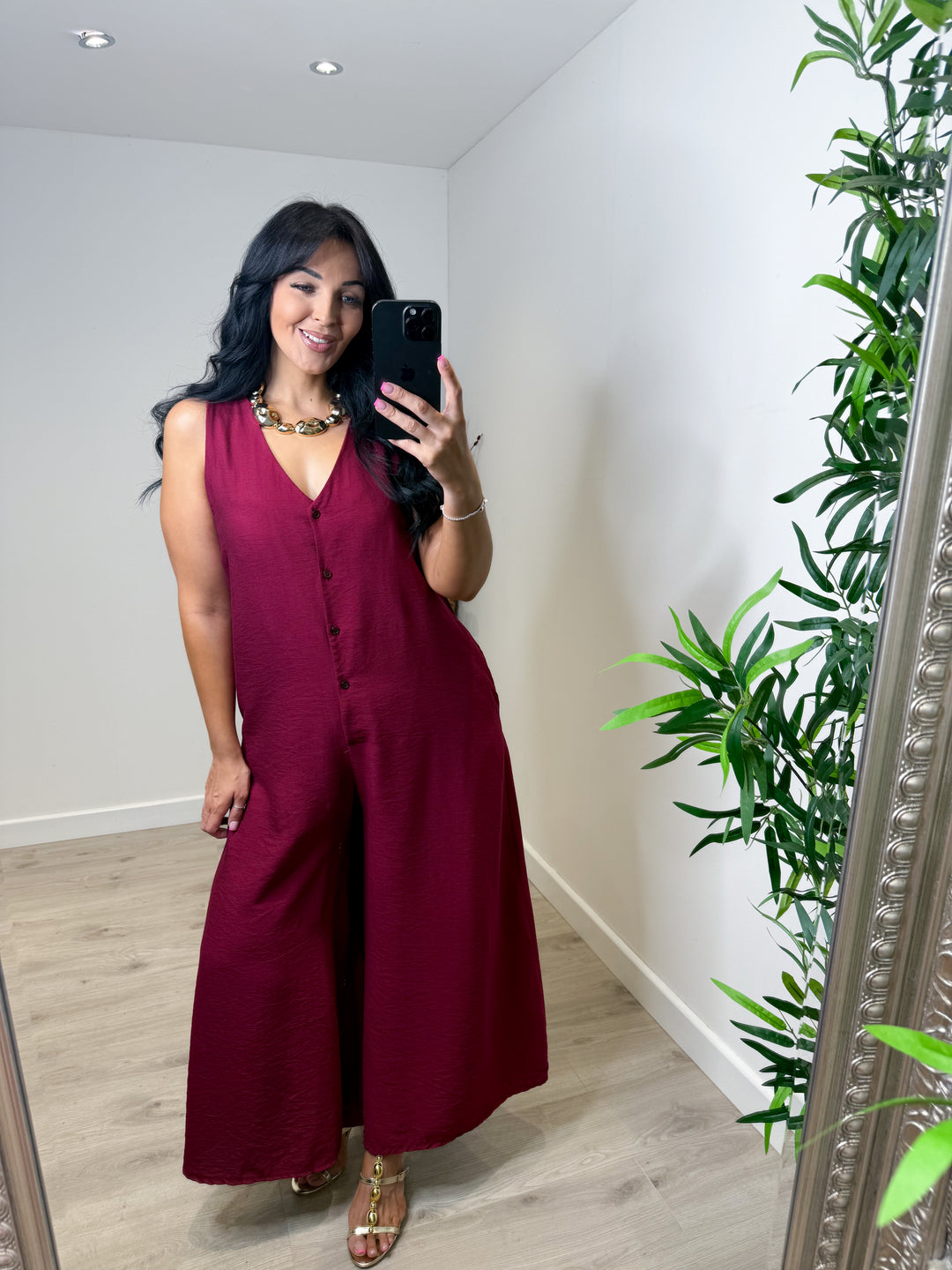 Wide Leg Button Jumpsuit - Wine