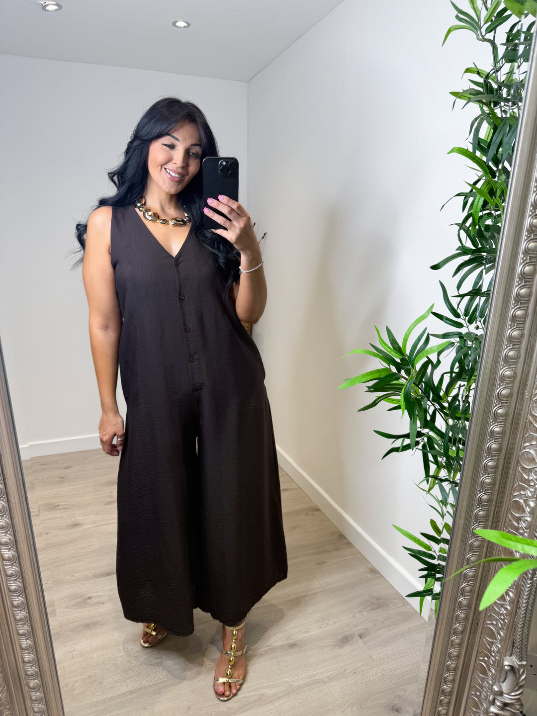 Wide Leg Button Jumpsuit - Chocolate