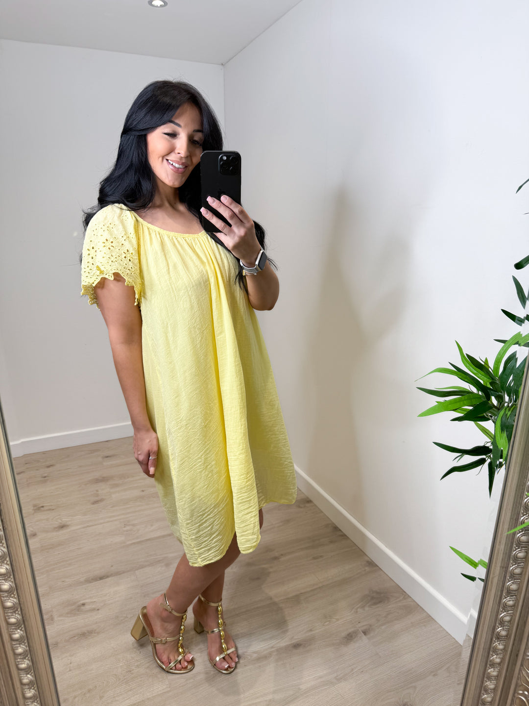 Broderie Anglaise Sleeve Dress - Yellow