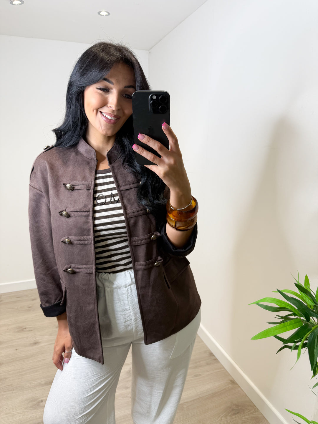 Faux Suede Military Jacket - Chocolate
