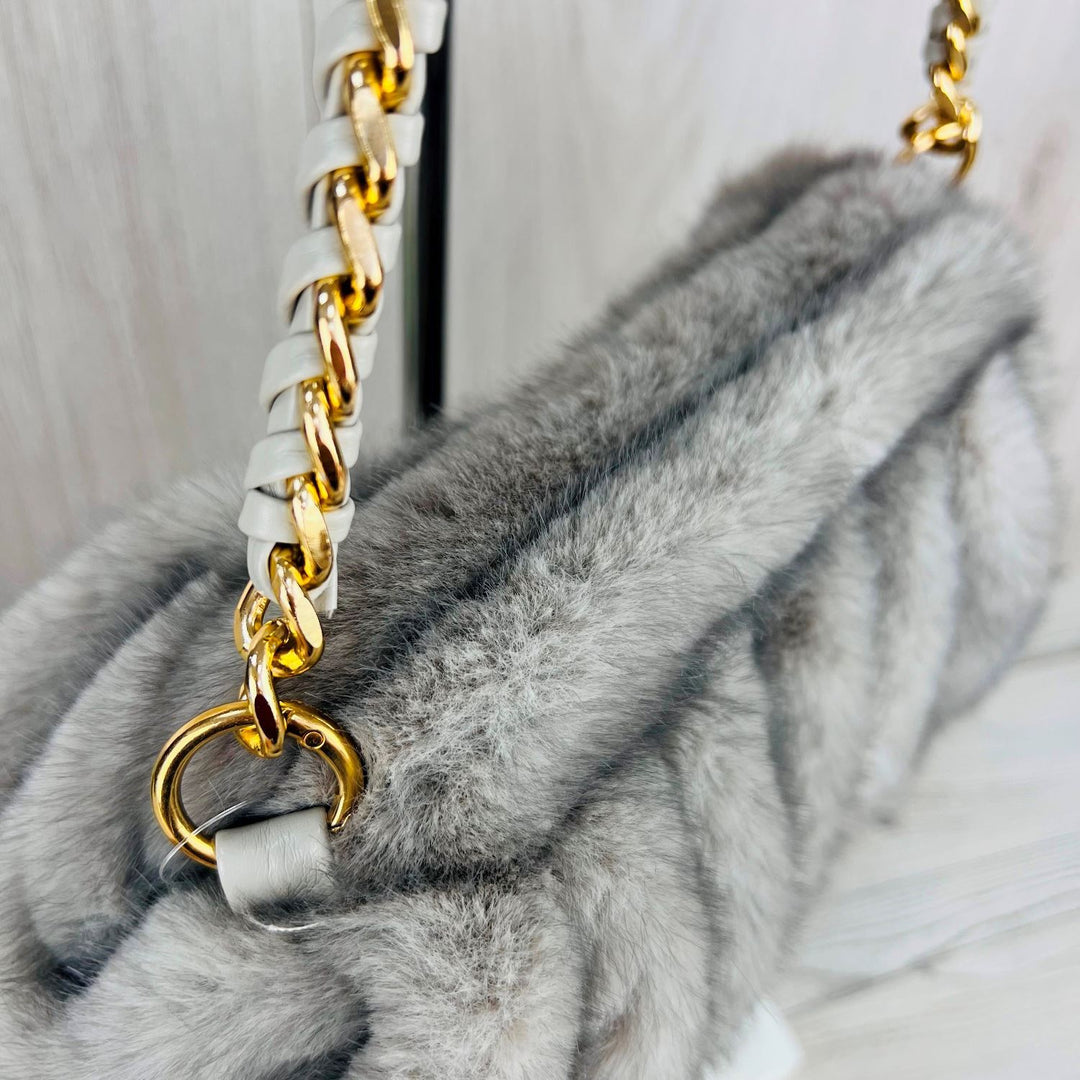 Beige Faux Fur Bag With Chain