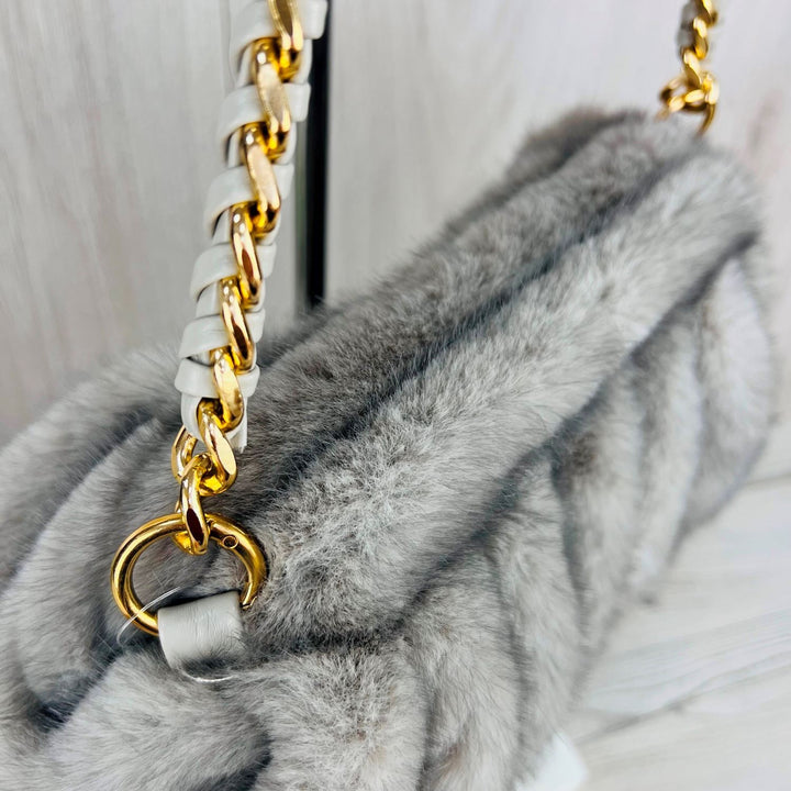 Beige Faux Fur Bag With Chain