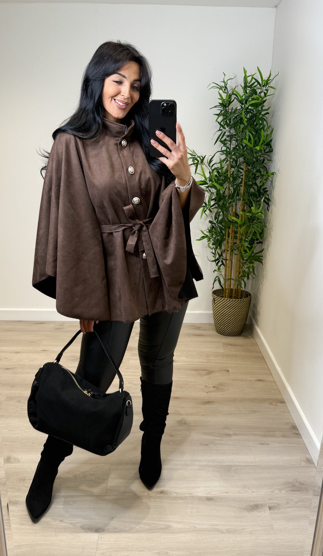 Faux Suede Button Cape - Chocolate