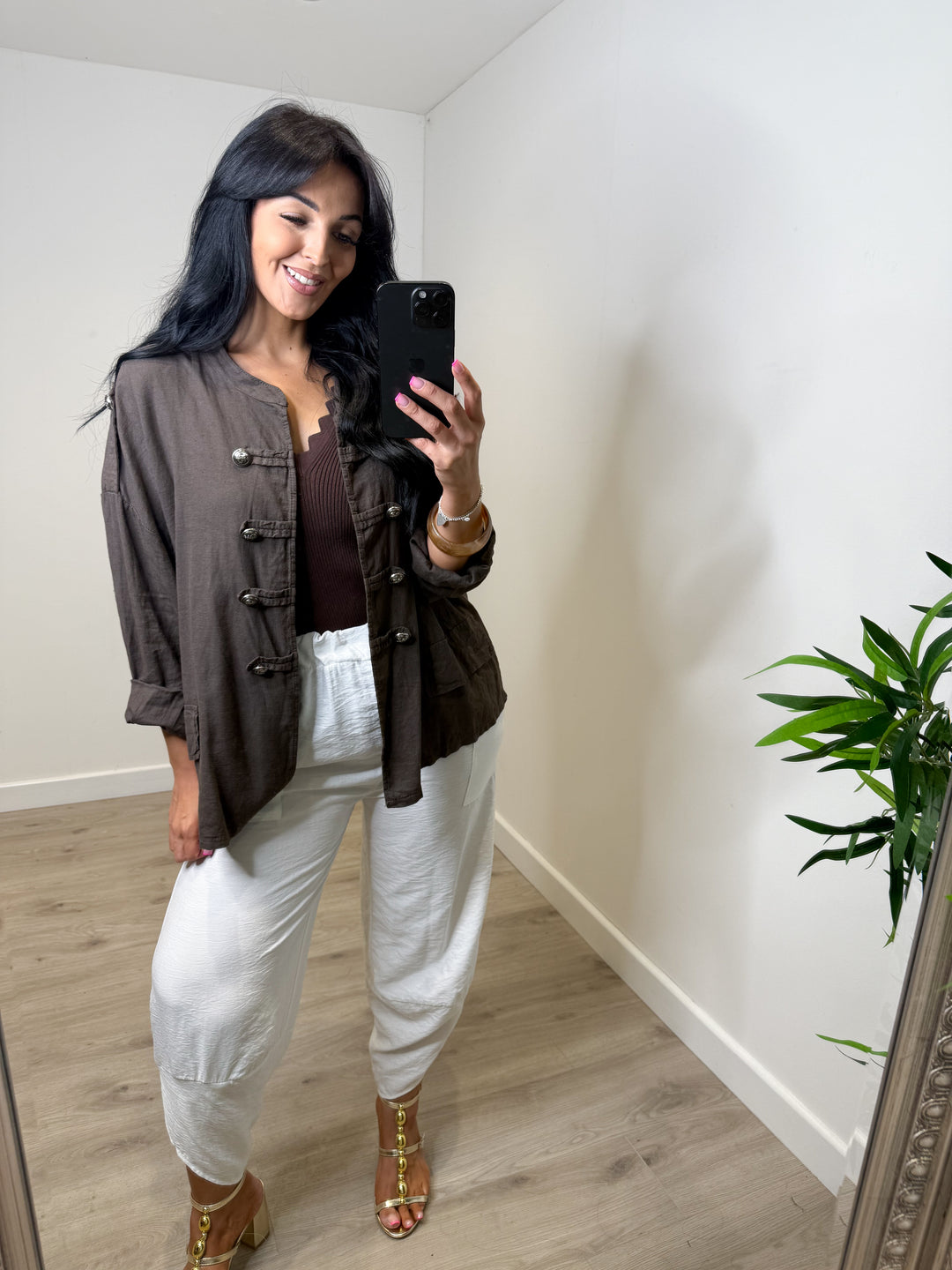 Linen Blend Military Jacket - Chocolate