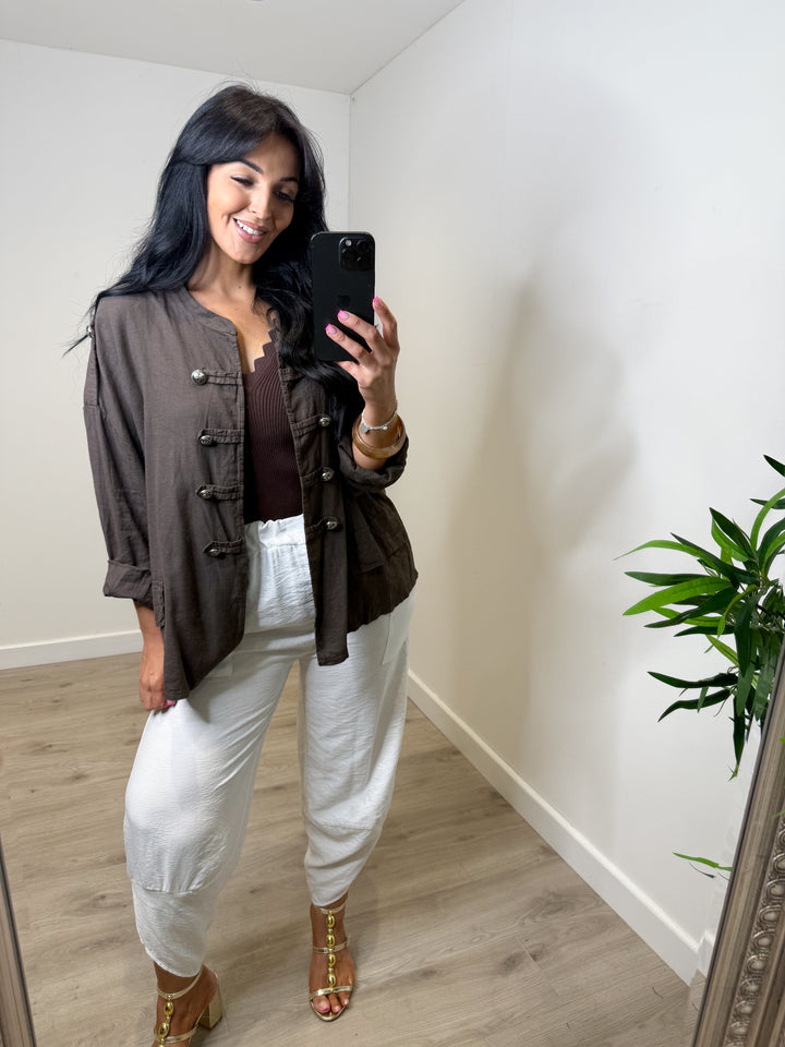 Linen Blend Military Jacket - Chocolate