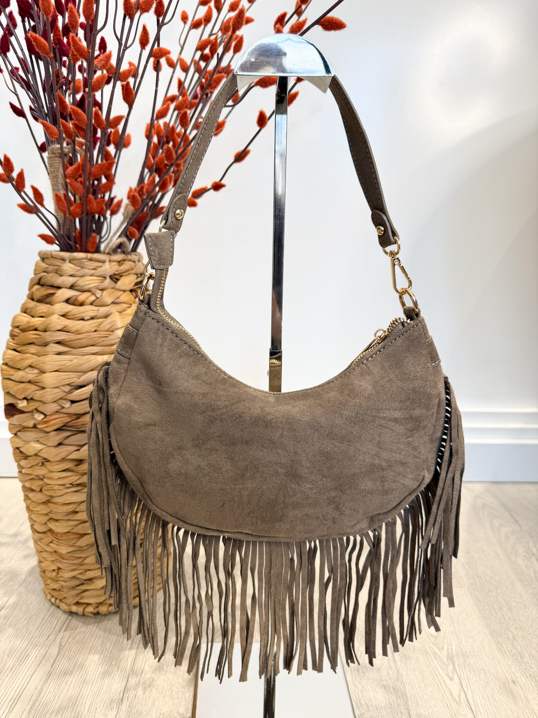 Faux Suede Tassel Bag - Mocha