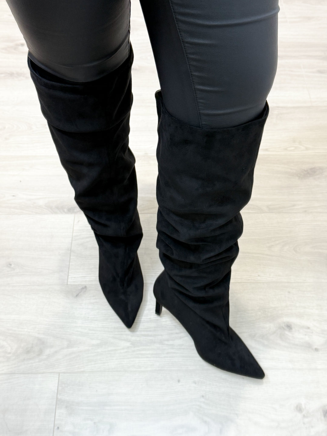 Black Faux Suede Gathered Boots