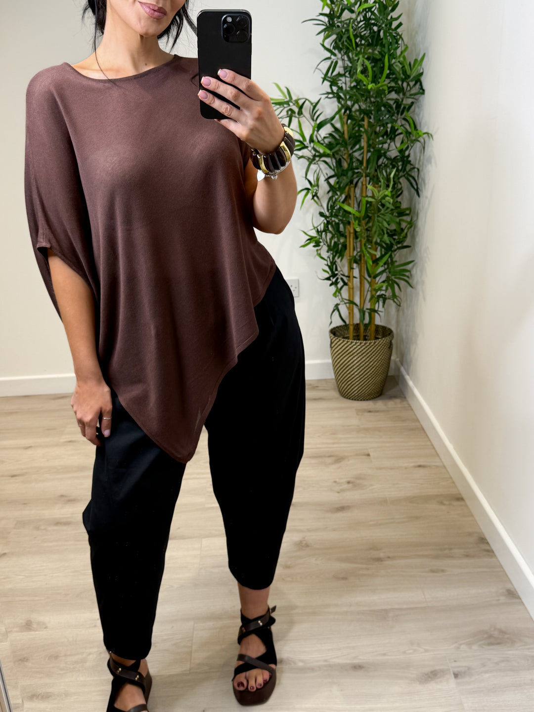 Fine Knit Asymmetrical Top - Chocolate