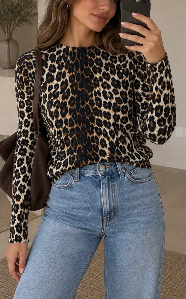 Soft Knit Leopard Top - Black