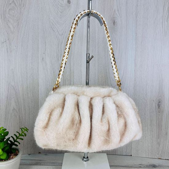 Beige Faux Fur Bag With Chain