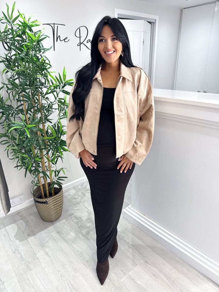 Faux Suede Bomber Jacket - Beige