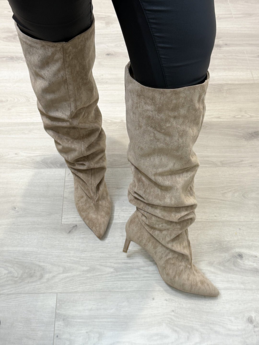 Beige Faux Suede Gathered Boots