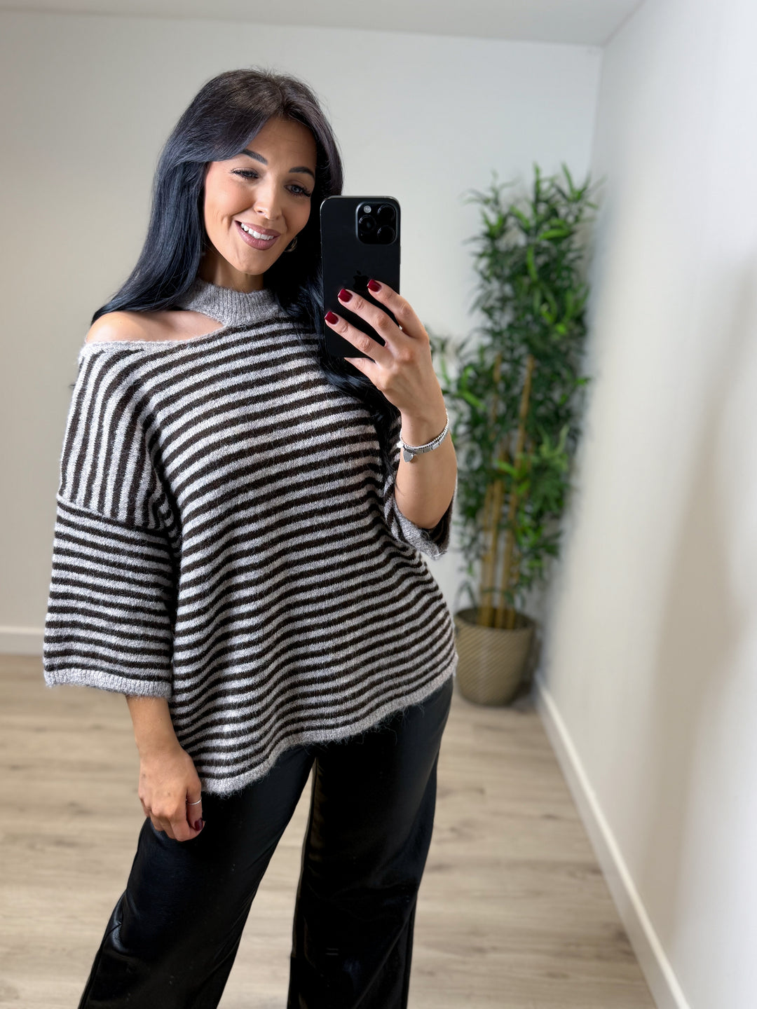 Slash Stripe Neck Top - Mocha/Chocolate