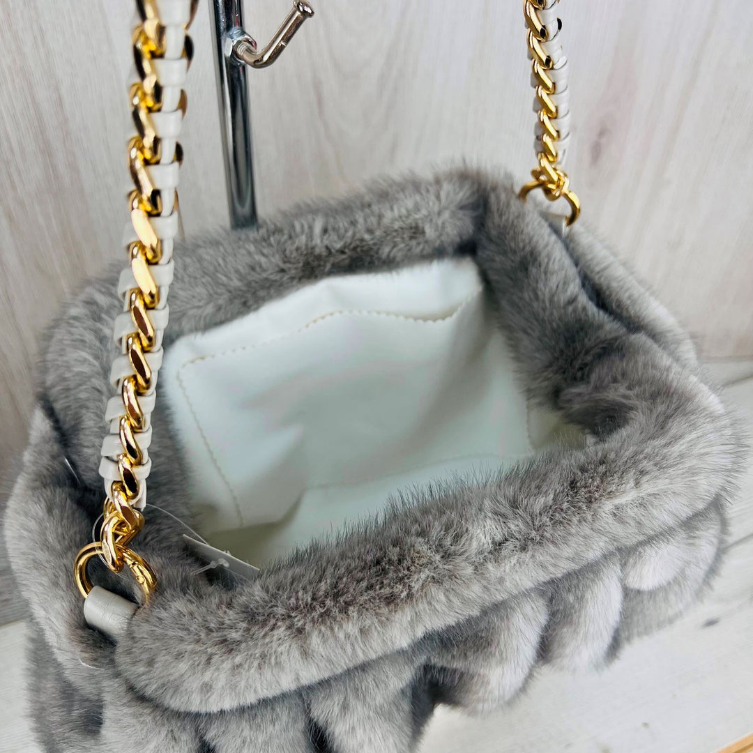 Beige Faux Fur Bag With Chain